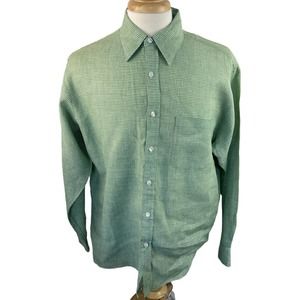 J Crew Shirt Men Medium Green & White Gingham 100% Linen Button Down Long Sleeve